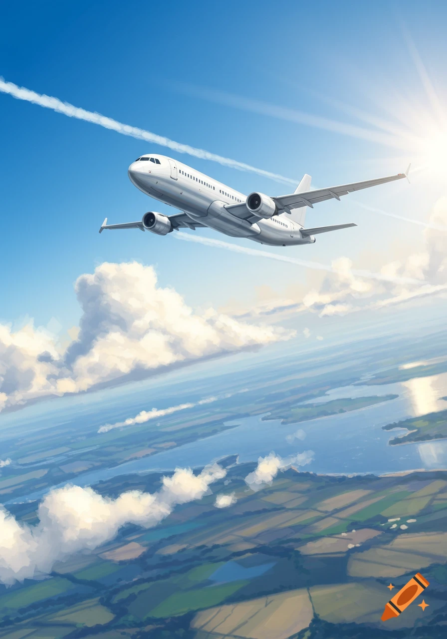 A white passenger airplane flies high in a bright blue sky with contrails, above a green and blue landscape with scattered clouds.