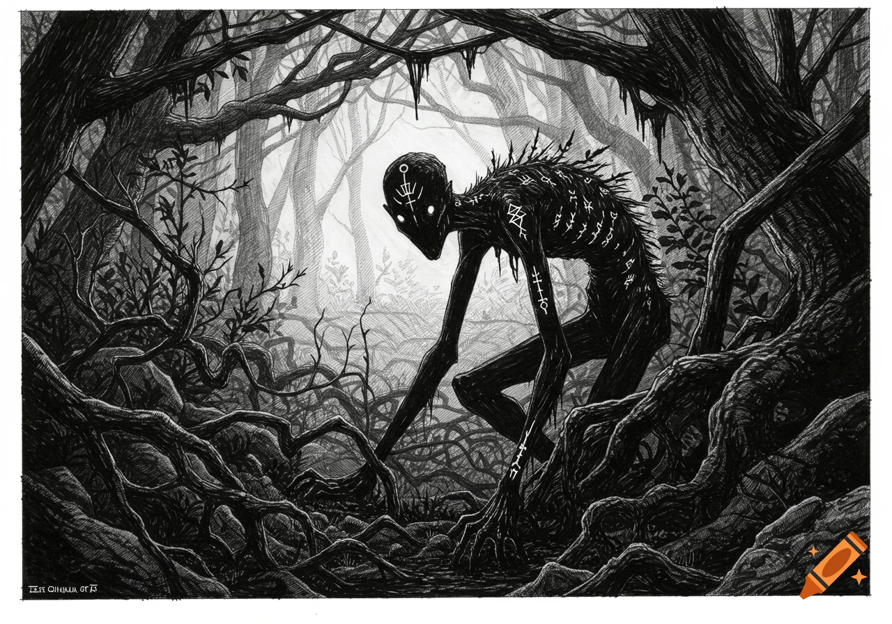 A black and white ink sketch of a gaunt, cryptic monster with glowing eyes and runes on its body, lurking in a dense, dark forest.