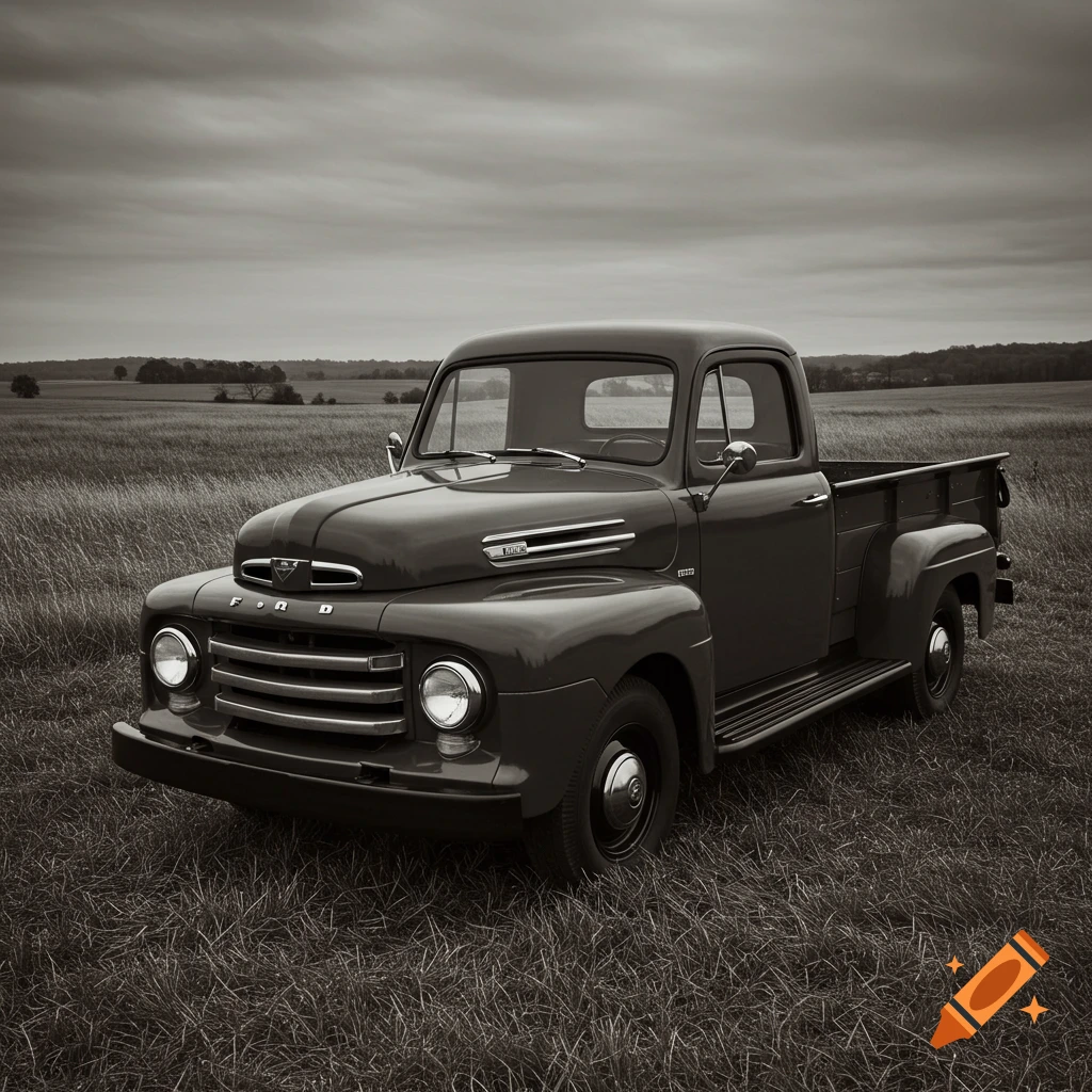 A black and white photo of a vintage 1951 Ford F1 pickup truck parked in a grassy field under a cloudy sky.