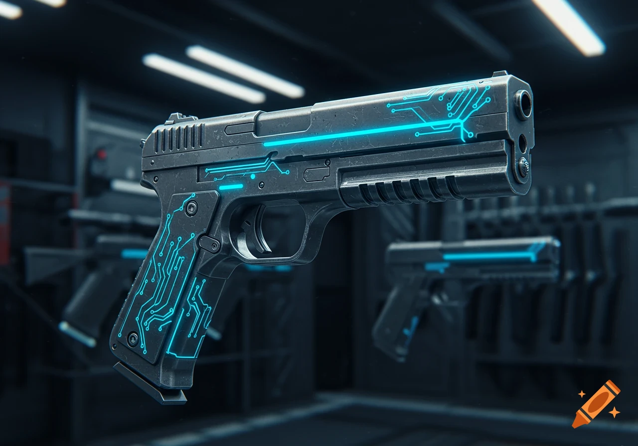 A dark, futuristic pistol with glowing blue circuit patterns on its grip and slide, in a dimly lit setting.