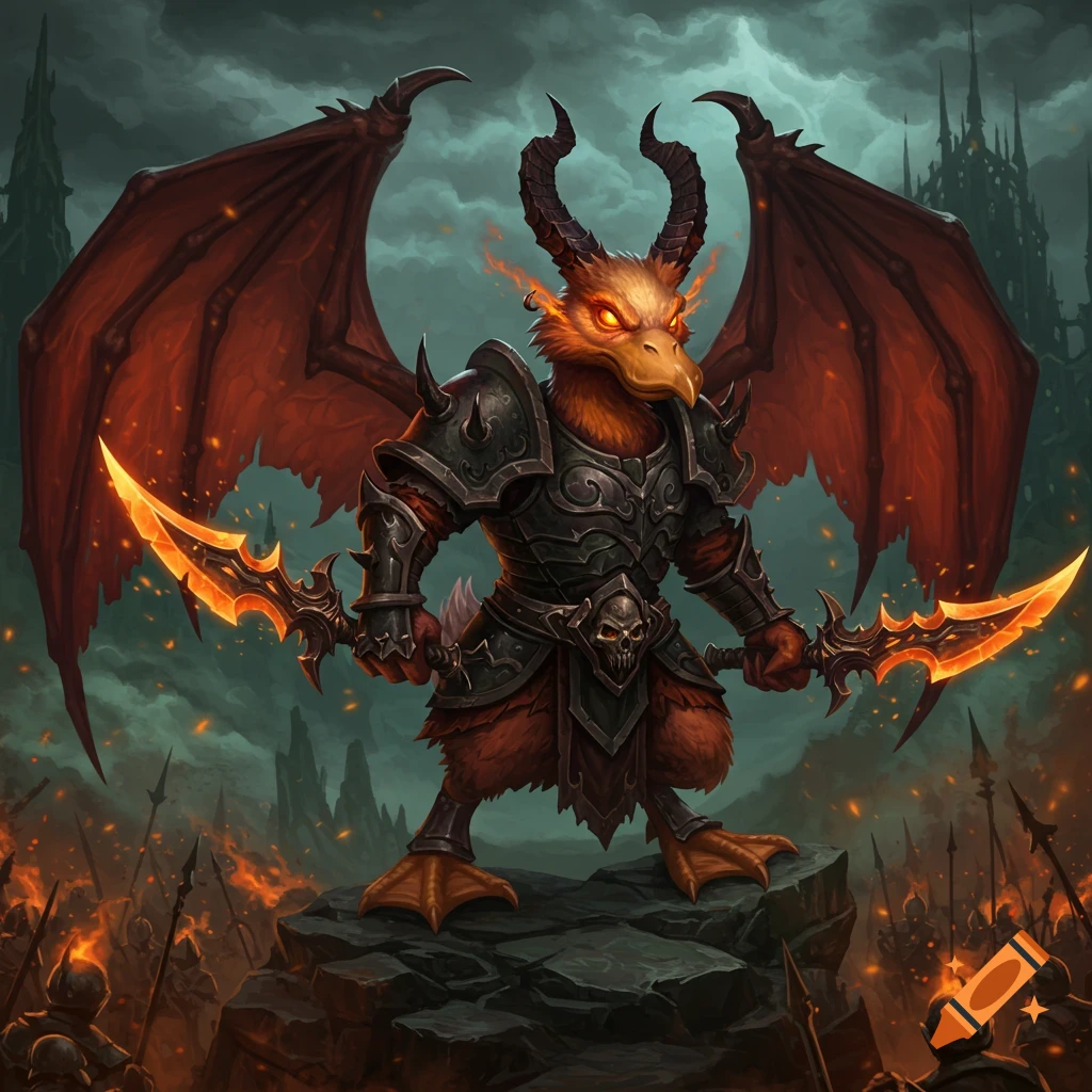 A horned, winged duck demon hunter in dark armor holds fiery swords, standing on a rock in a fiery battleground with gothic castles.