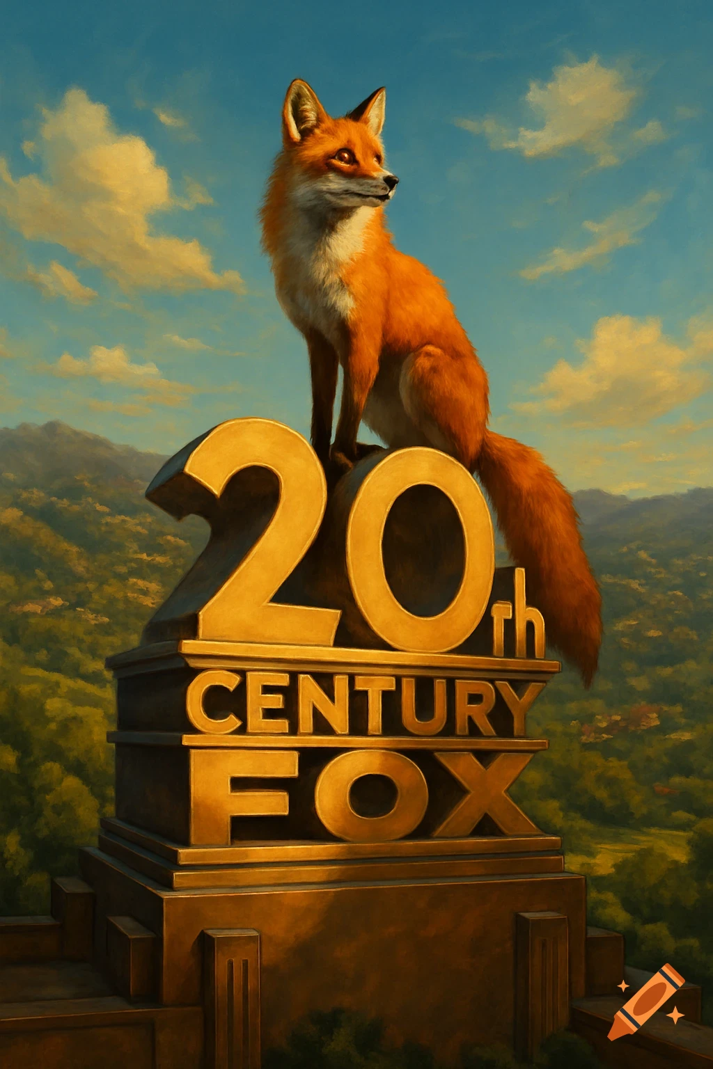 A realistic red fox sits on a large golden 20th Century Fox logo with green mountains and a blue sky background, painterly.