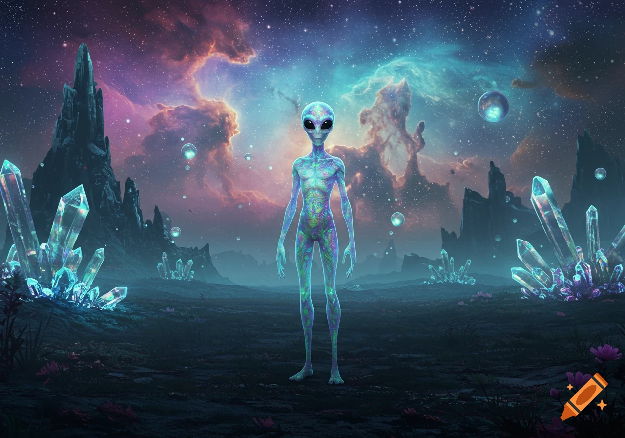 A tall, slender alien stands in a vibrant, crystal-filled alien landscape under a colorful nebula sky.