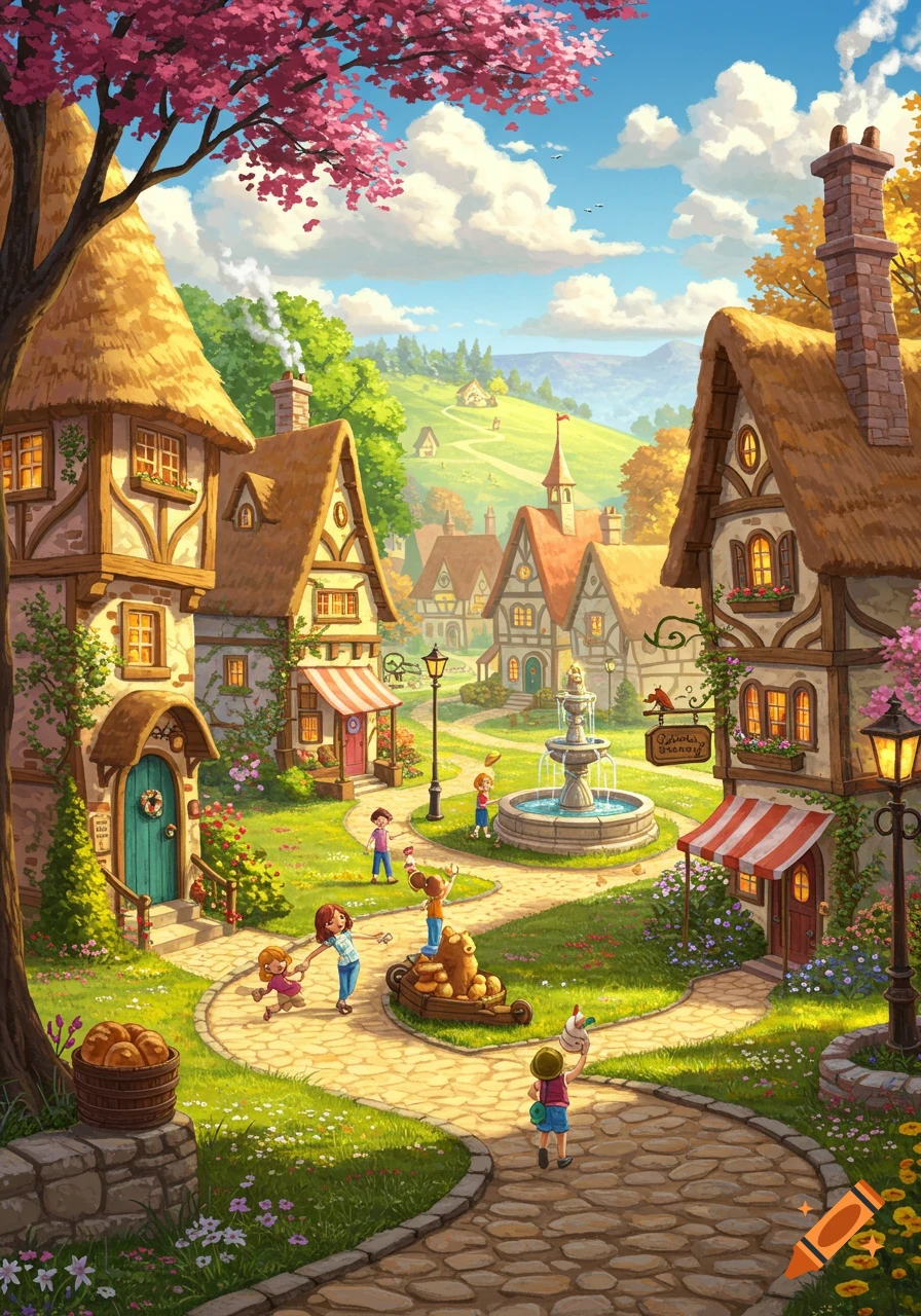 A whimsical storybook village with thatched-roof houses, children playing by a fountain, and blooming trees.