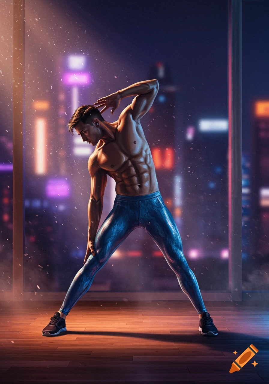 Muscular man in blue leggings stretching in a room with a city night view, digital art.