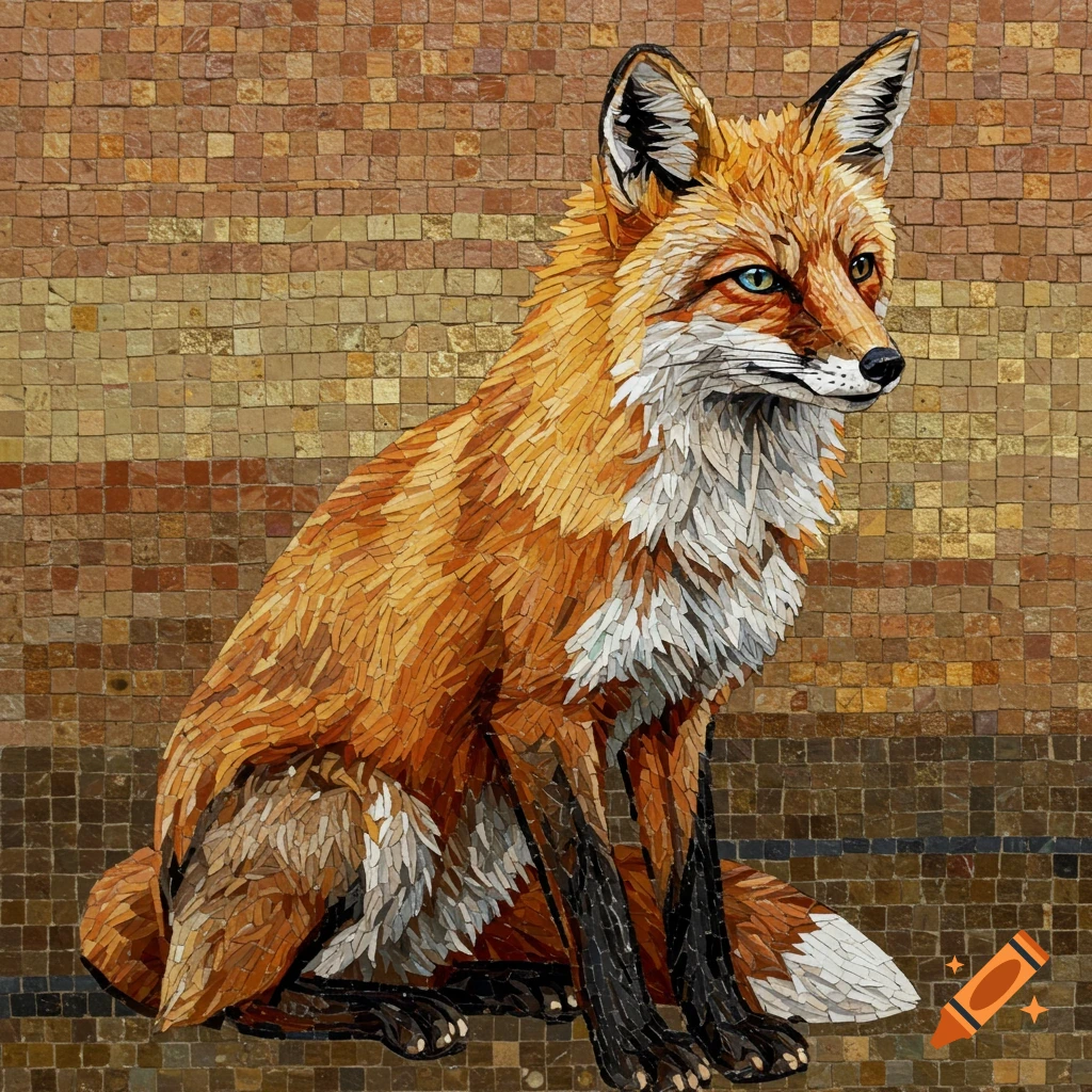 A vibrant mosaic art piece of an orange fox sitting, looking to the right against a tiled wall.