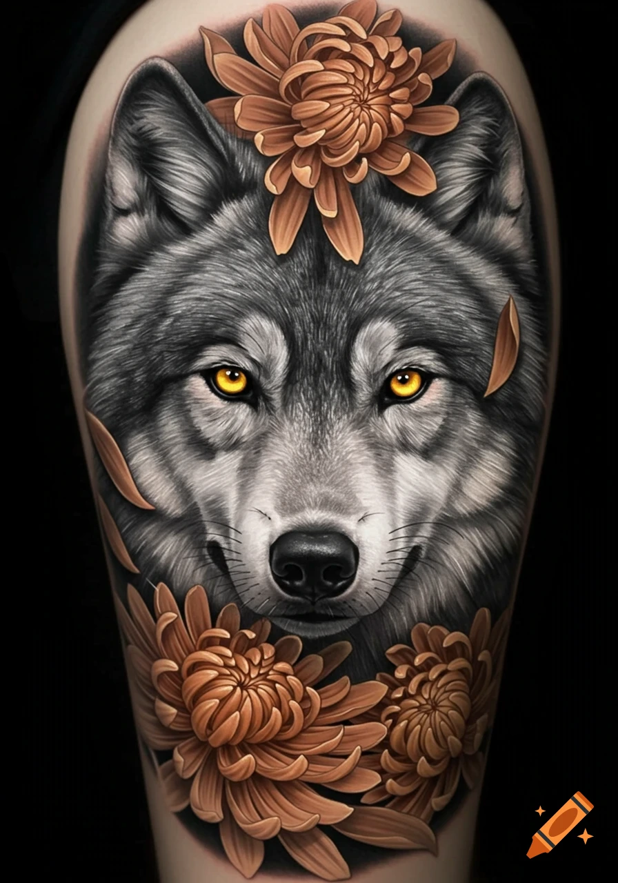 Detailed tattoo of a gray wolf's head with glowing yellow eyes, surrounded by orange chrysanthemum flowers on skin.