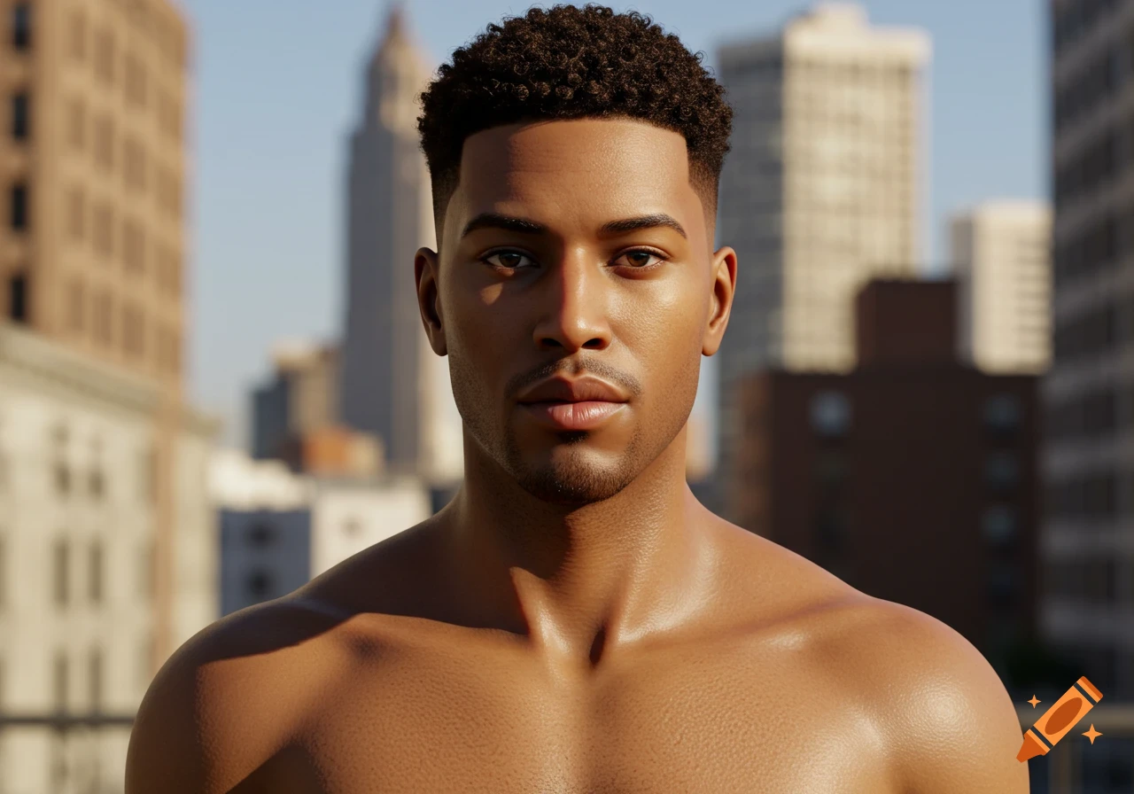 Photorealistic portrait of a young Black man with curly hair and a fade haircut, shirtless against a blurred cityscape.