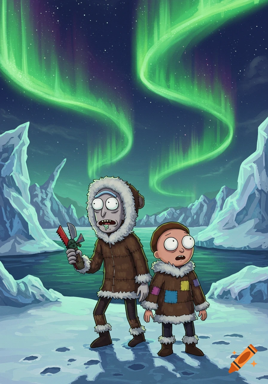 Rick and Morty dressed as eskimos, standing in a snowy arctic landscape with ice formations and a vibrant green aurora borealis in the night sky.