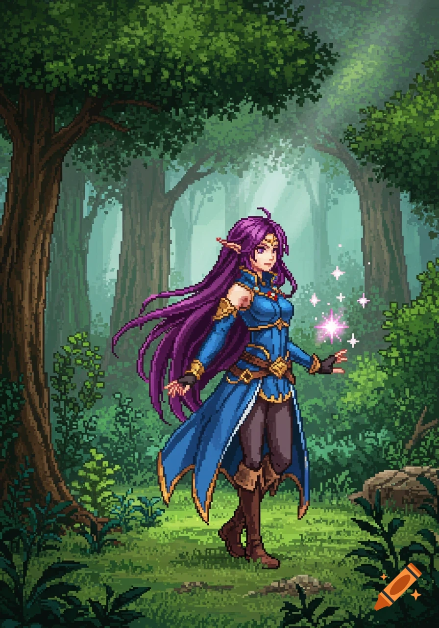 Pixel art fantasy woman with long purple hair and pointed ears in blue and gold armor, casting magic in a forest.