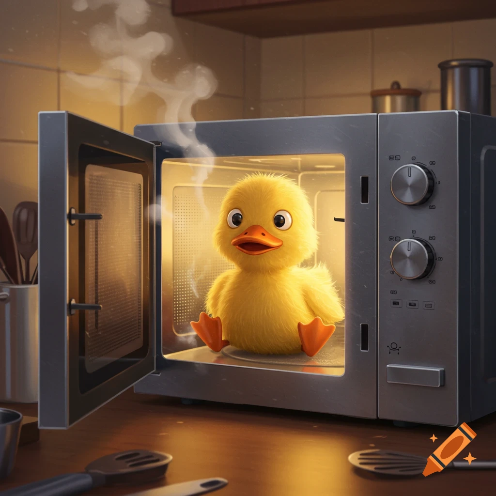 A fluffy yellow duckling sits inside an open microwave in a kitchen, with steam rising above.