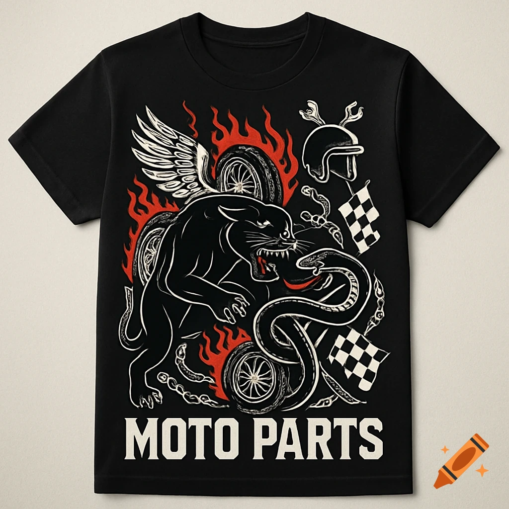 A black t-shirt with a stylized graphic of a black panther fighting a snake amidst flames, motorcycle wheels, wings, helmet, and racing flags. Text reads 'MOTO PARTS'.