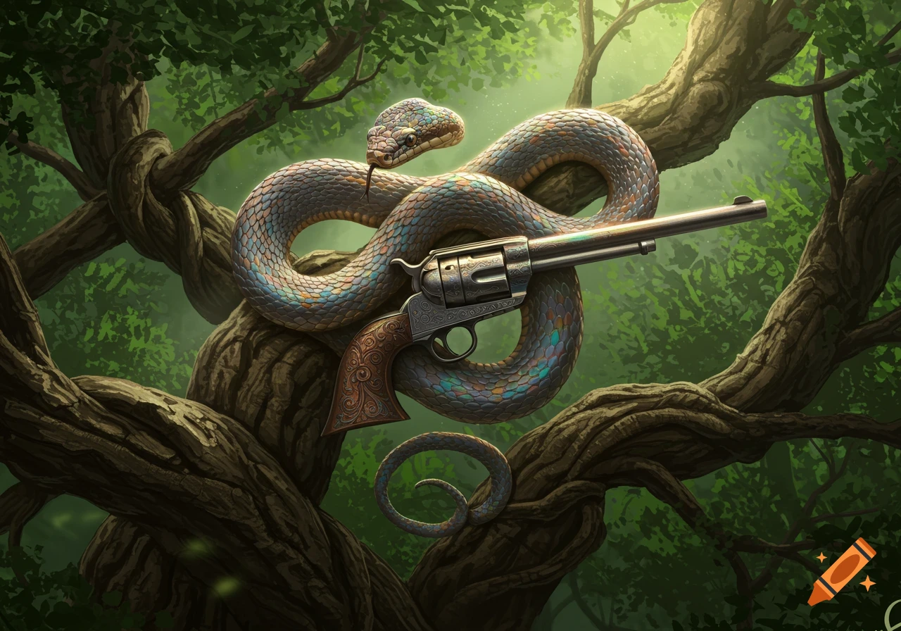 A colorful snake is coiled around a silver revolver on a gnarled tree branch in a lush, green forest illustration.