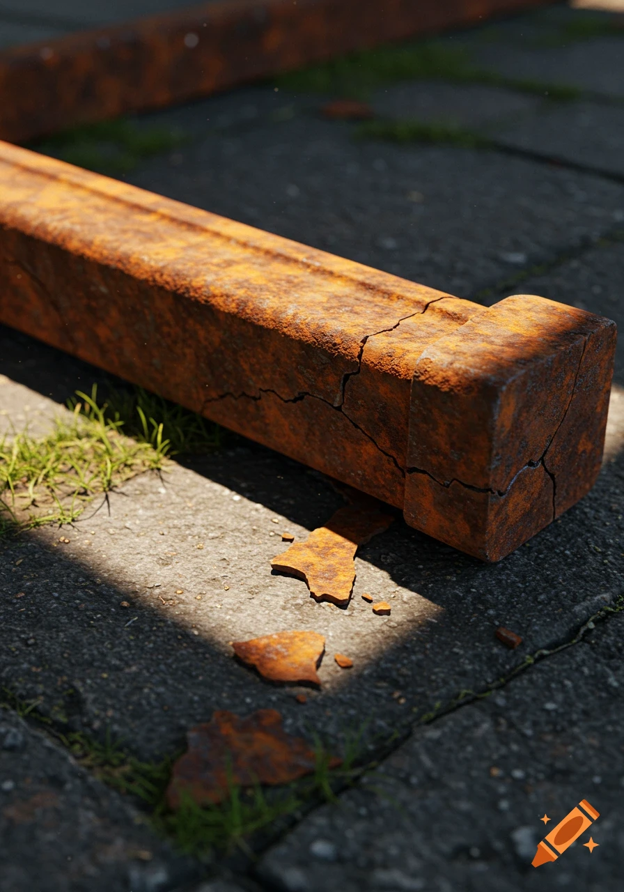 A heavily rusted rectangular iron bar lies on a gray paved surface with green grass and sunlit areas, photorealistic.