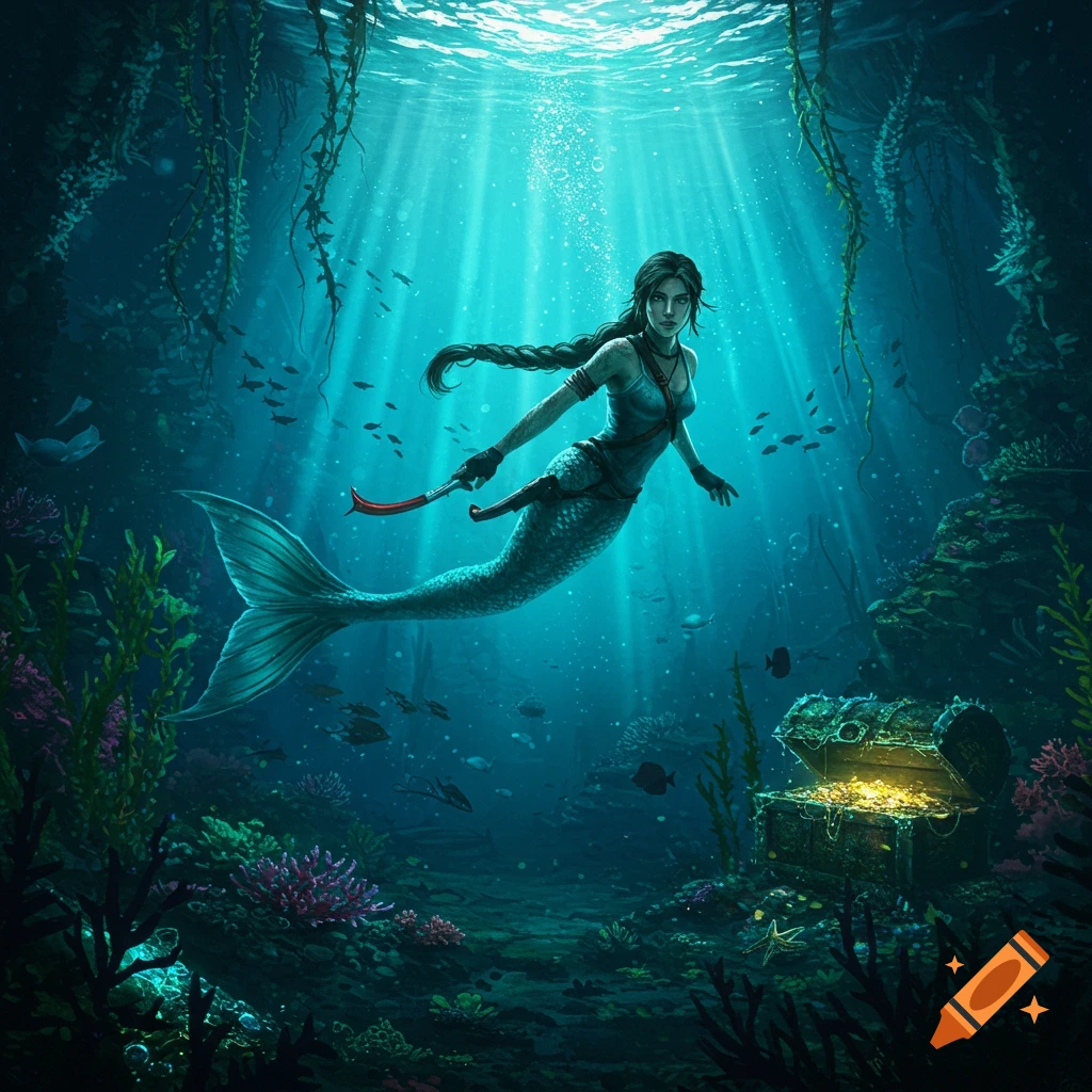 A Lara Croft-like mermaid swims underwater with a dagger towards a glowing treasure chest, surrounded by coral and sun rays.