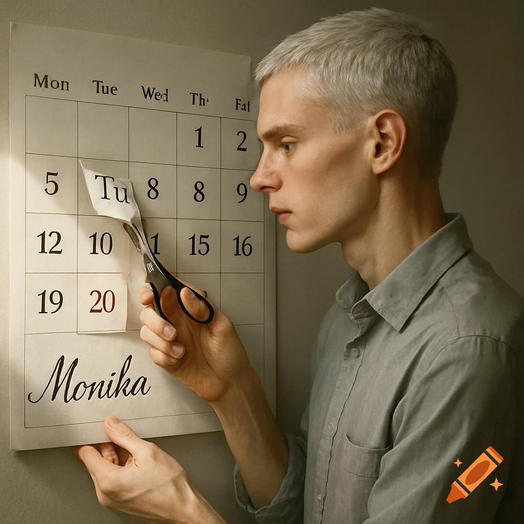 A young man with short white hair meticulously cuts out days from a wall calendar with scissors. The name 'Monika' is written at the bottom.