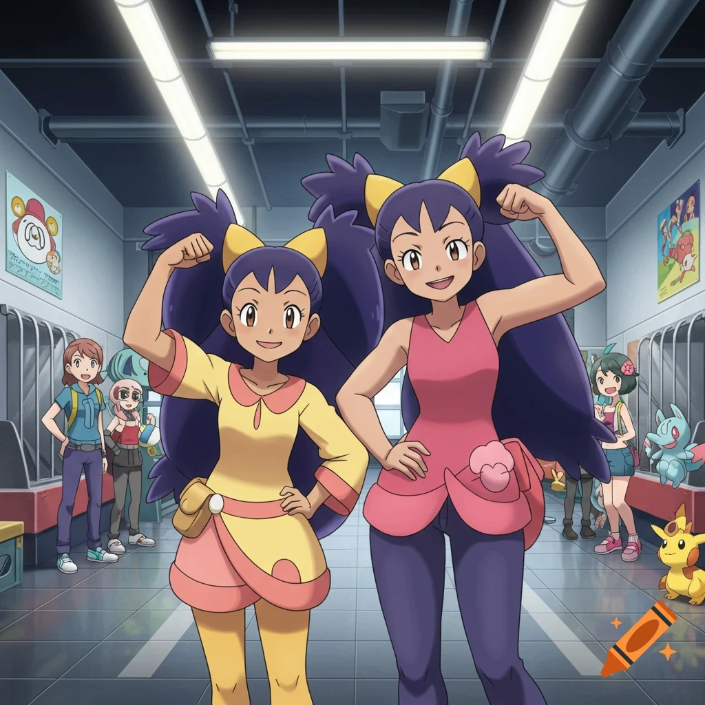 Two anime girls, Iris and her mom, flex muscles in a gym, with other characters and Pokemon in the background.