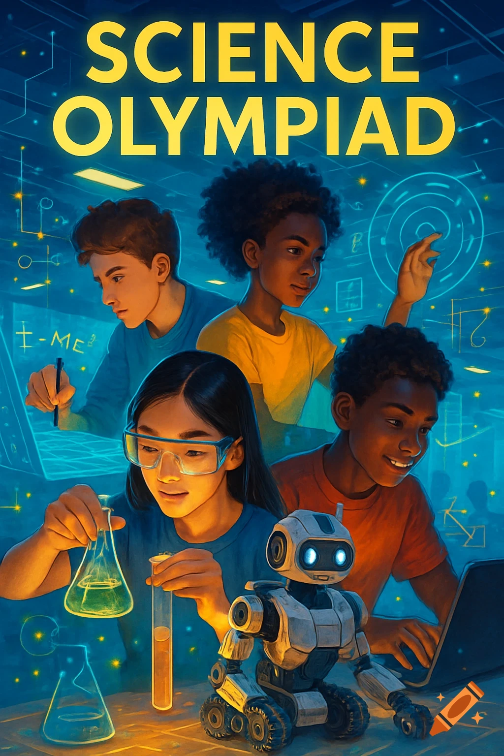 A colorful illustration of diverse students and a robot participating in a Science Olympiad, with text "SCIENCE OLYMPIAD" at the top.