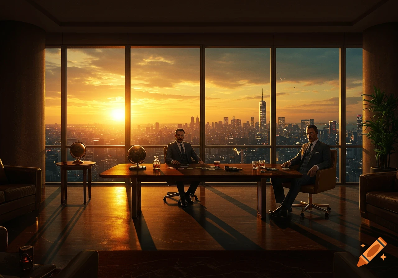 Two men in suits sit at a large desk in a luxurious high-rise office overlooking a city skyline at sunset.