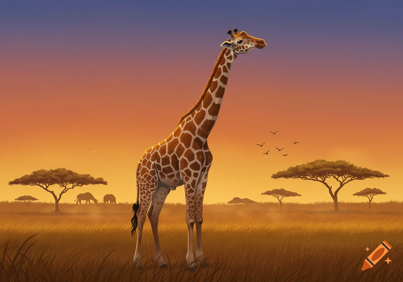 A giraffe stands prominently in a savanna landscape during sunset, with acacia trees and elephants in the background.