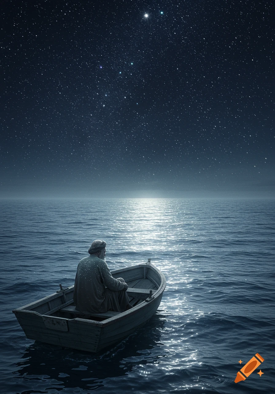 A man in a boat floats on a calm, moonlit sea under a vast, starry night sky in a realistic style.