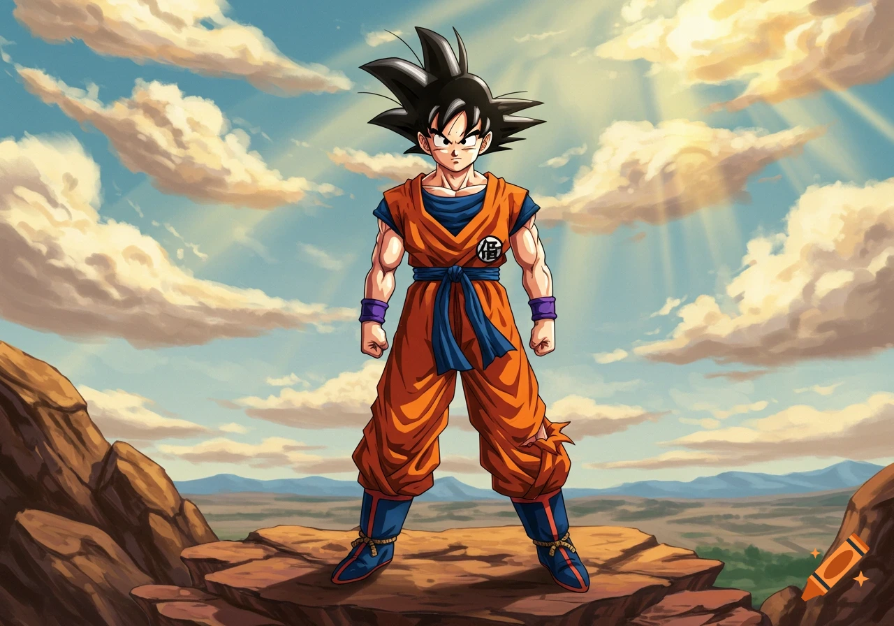 Goku stands confidently on a rocky cliff under a sunny sky with clouds, in a vibrant anime style.