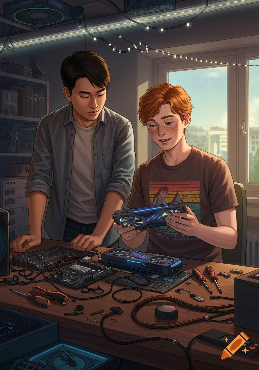 An Asian man and a red-haired white man building a computer, surrounded by circuit boards and tools on a wooden desk. Cartoon style.