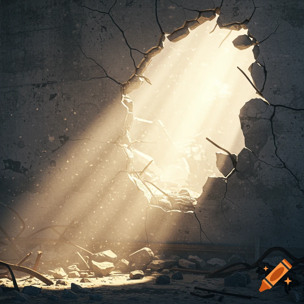 Photorealistic light beams through a jagged hole in a dark, cracked concrete wall, illuminating dust and debris.