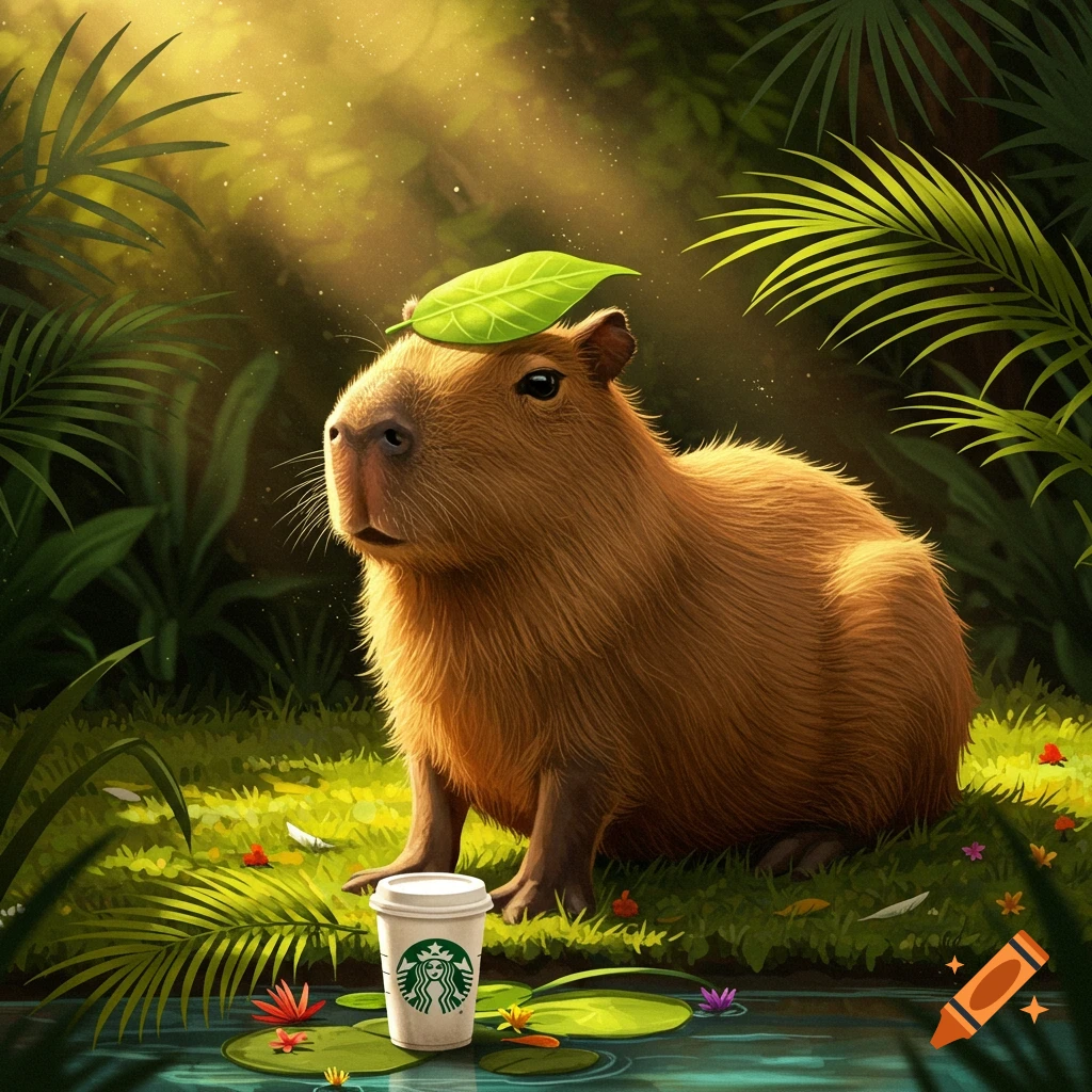 A capybara with a green leaf on its head sits by a stream next to a Starbucks cup in a lush, sunlit jungle.