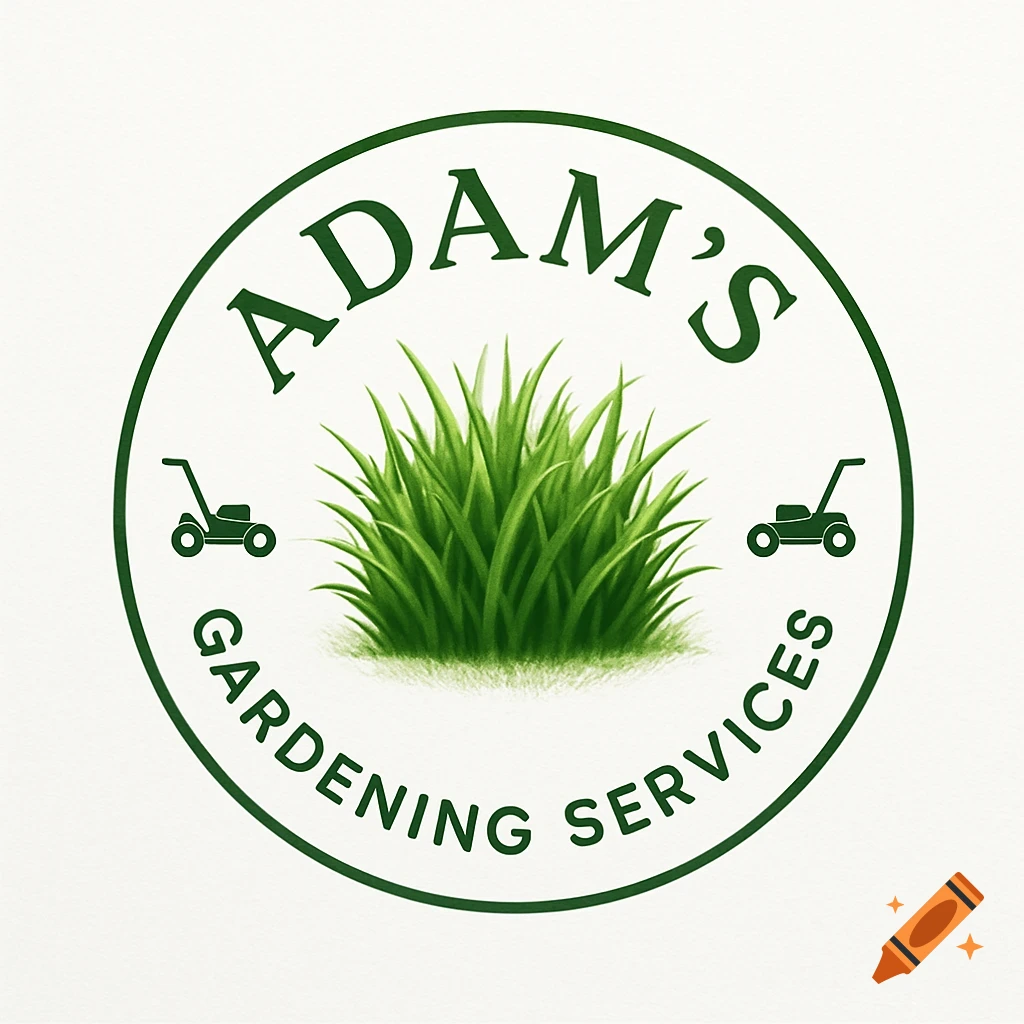 A circular green and white logo for Adam's Gardening Services with lush green grass and two lawn mower icons.