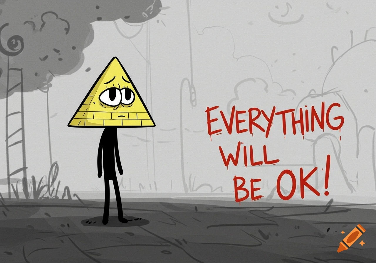 A sad yellow triangular stickman character stands next to red text that reads 'EVERYTHING WILL BE OK!' in a minimalist cartoon style.
