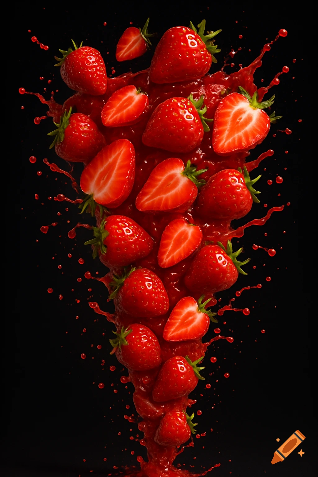 Vibrant red strawberries, both whole and sliced, spiral upward in a dynamic liquid splash against a black background.