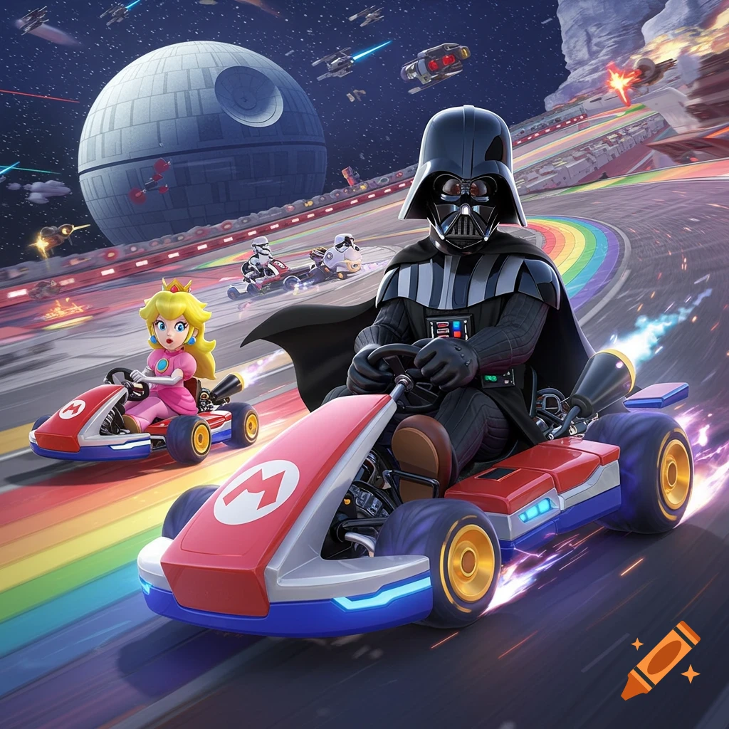 Darth Vader and Princess Peach race karts on a rainbow road through space with the Death Star in the background, video game art style.