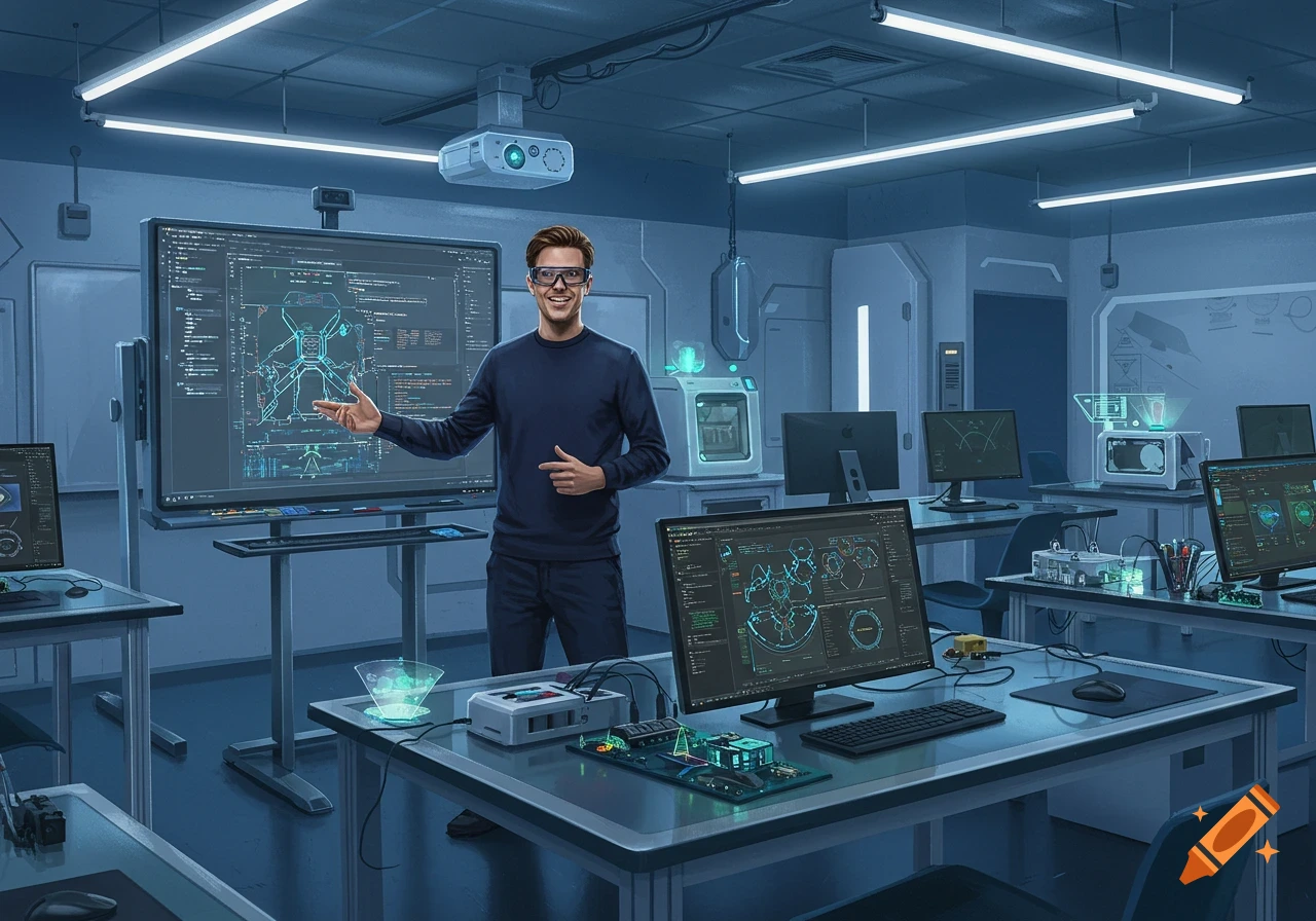 A smiling male technology teacher in a state-of-the-art classroom, wearing smart glasses and pointing to a large screen displaying code and diagrams. Desks with monitors, circuit boards, and other tech equipment surround him in the modern, blue-lit lab.