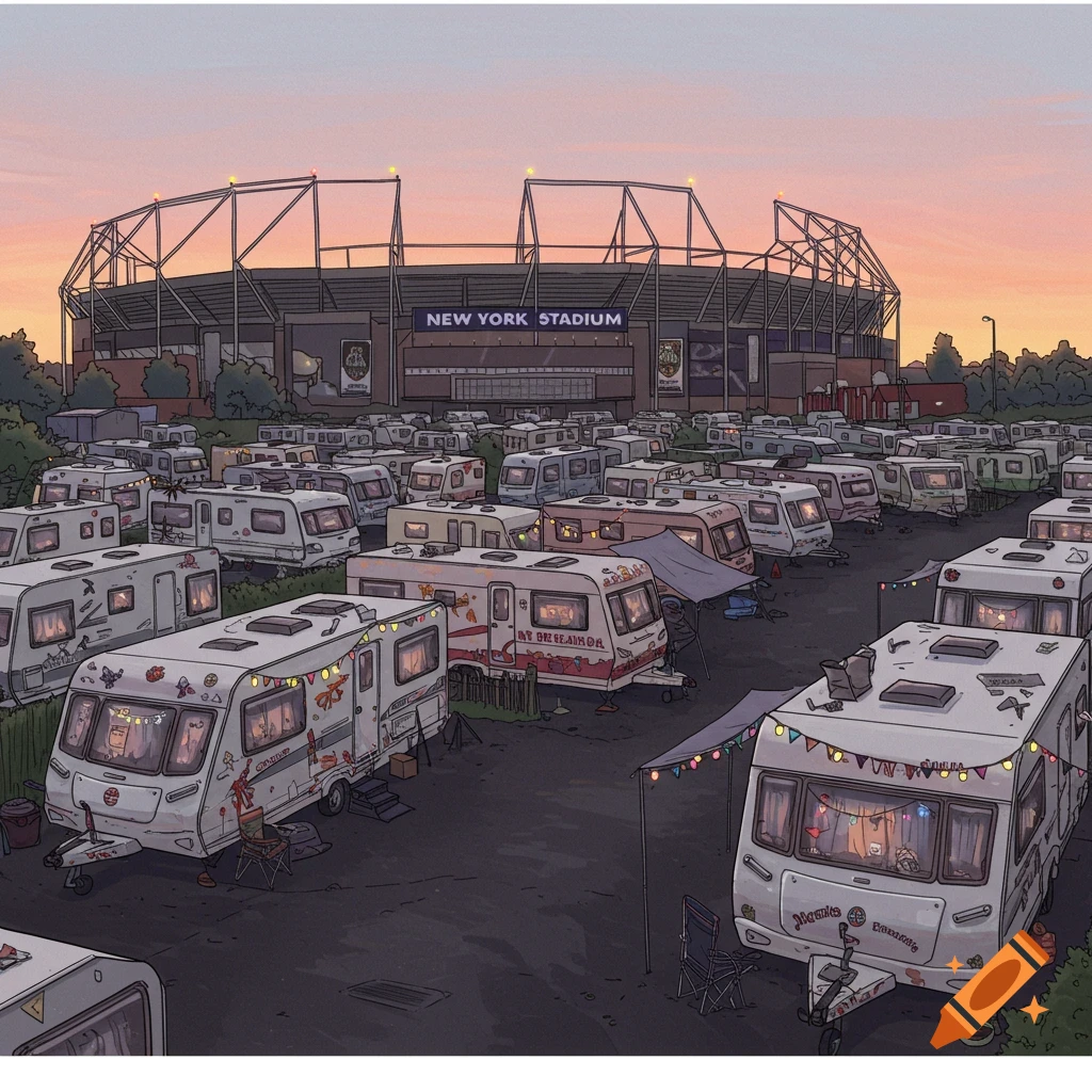 An illustrated aerial view of a car park filled with caravans, parked outside a large stadium that reads 'NEW YORK STADIUM' at sunset.