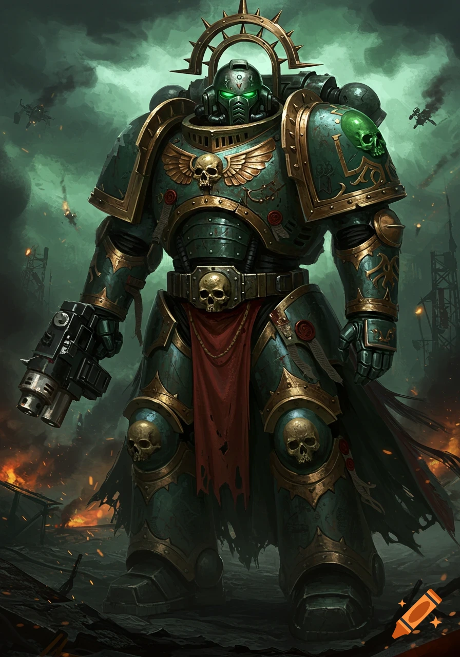 Heavily armored green and gold Death Guard Space Marine with glowing eyes, holding a weapon in a smoky, war-torn landscape.