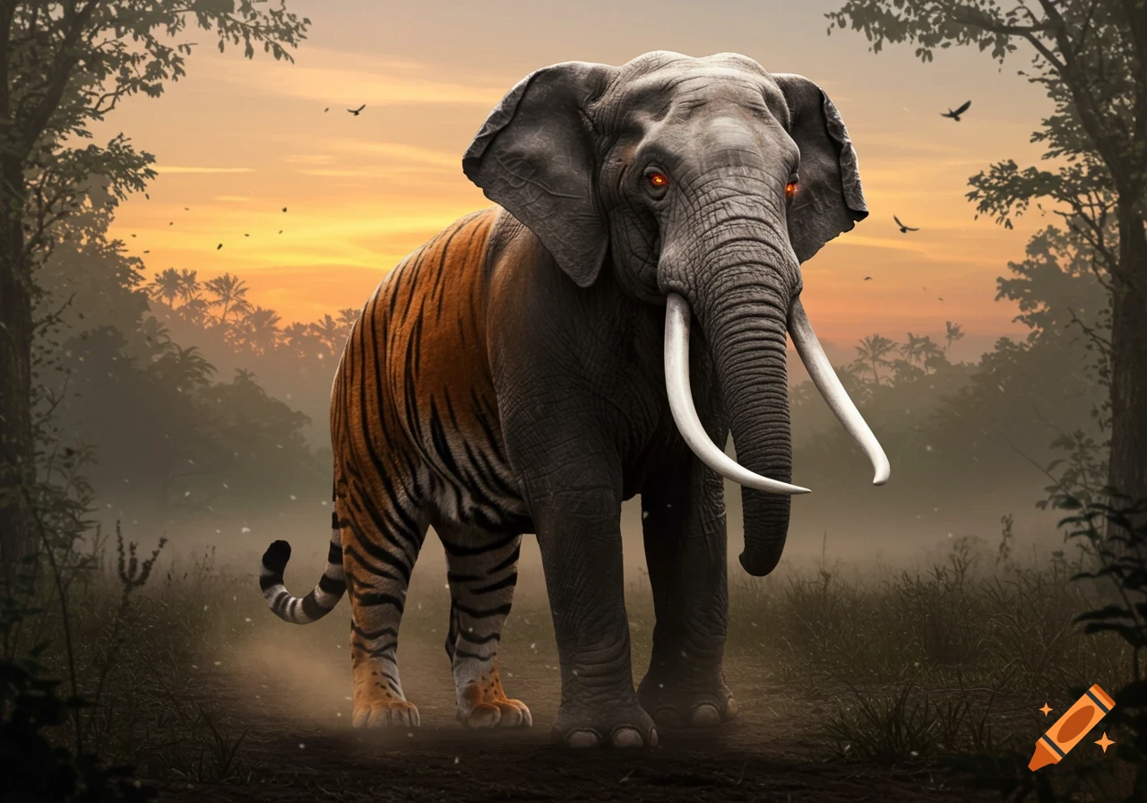 A majestic elephant-tiger hybrid with glowing red eyes stands on a jungle path at sunset.