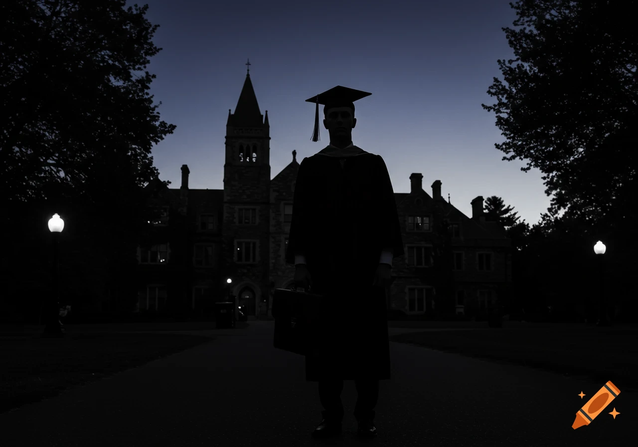 Silhouette of a graduate in cap and gown holding a briefcase, standing on a path in front of a dark university building at dusk.