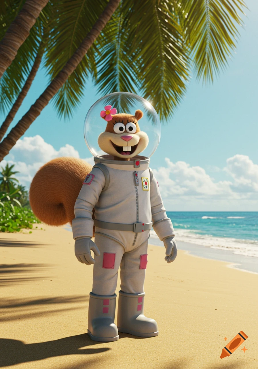 A photorealistic 3D render of Sandy Cheeks in her space suit standing on a sunny tropical beach with palm trees and ocean.