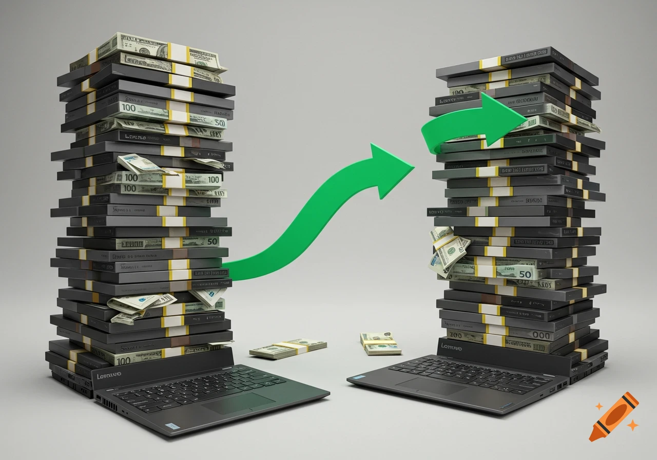 Two stacks of black laptops topped with bundles of cash, connected by a large green upward-curving arrow, against a gray background.