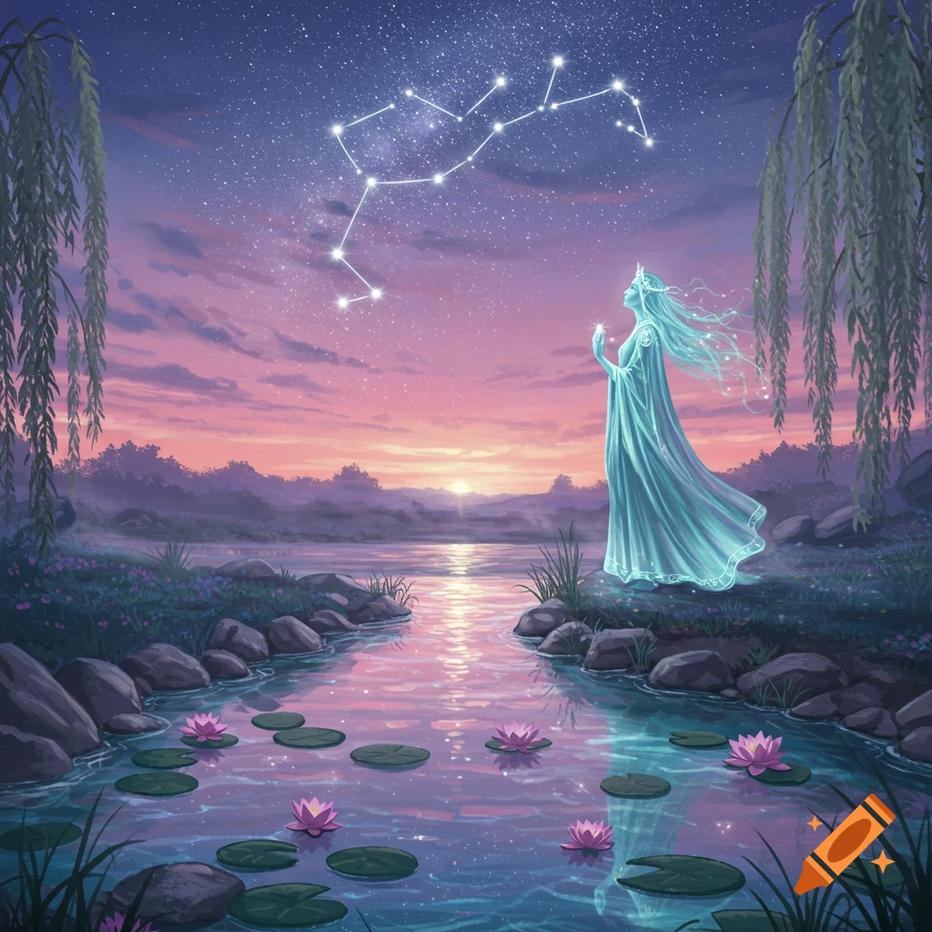 A glowing celestial woman in a flowing gown stands by a river with lily pads, under a starry sunset sky with a constellation.