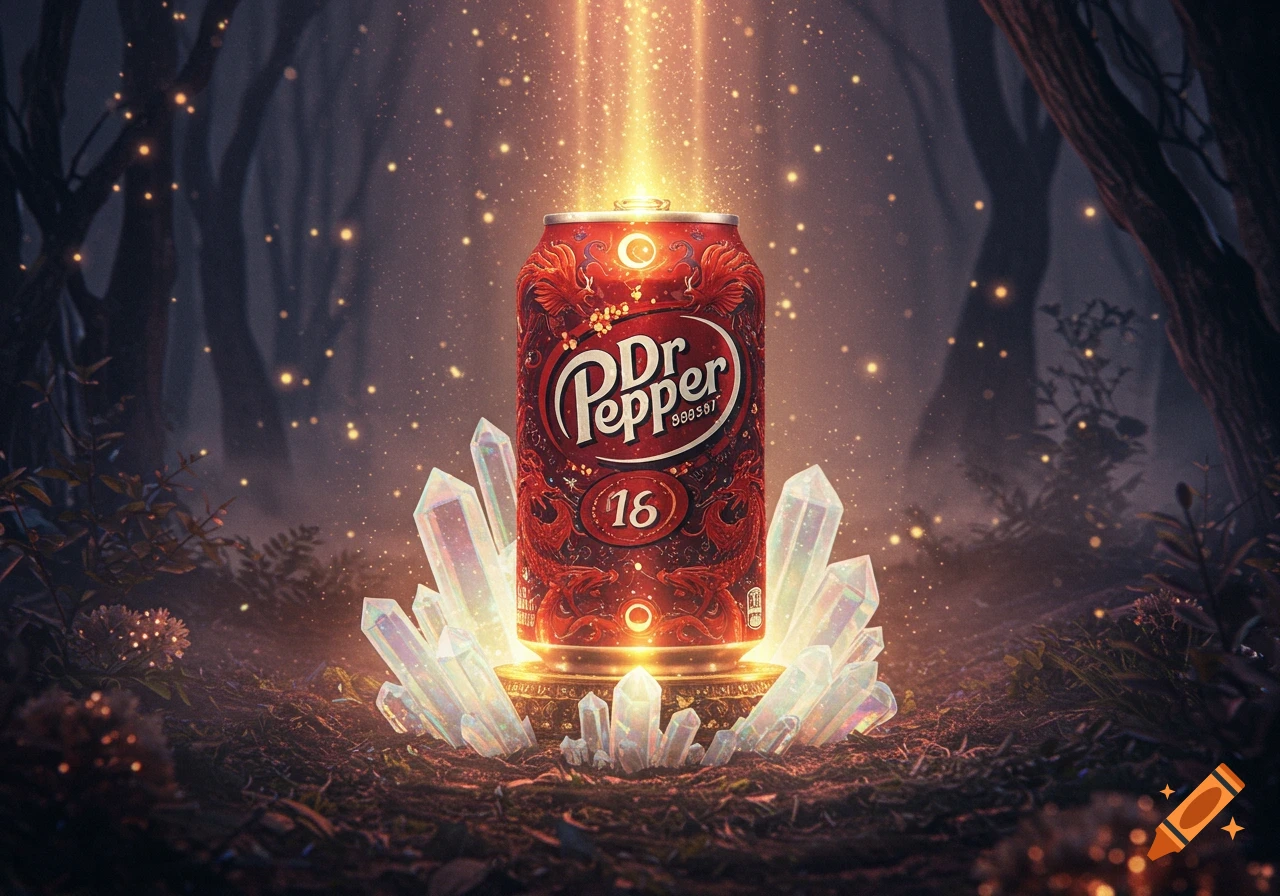 An ornate, glowing Dr. Pepper can stands amidst clear crystals in a dark, mystical forest setting with golden light.