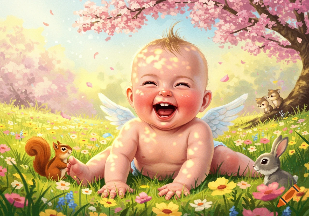 Joyful baby with small wings crawling in a field of colorful flowers under a cherry blossom tree, with animals nearby, illustrative style.