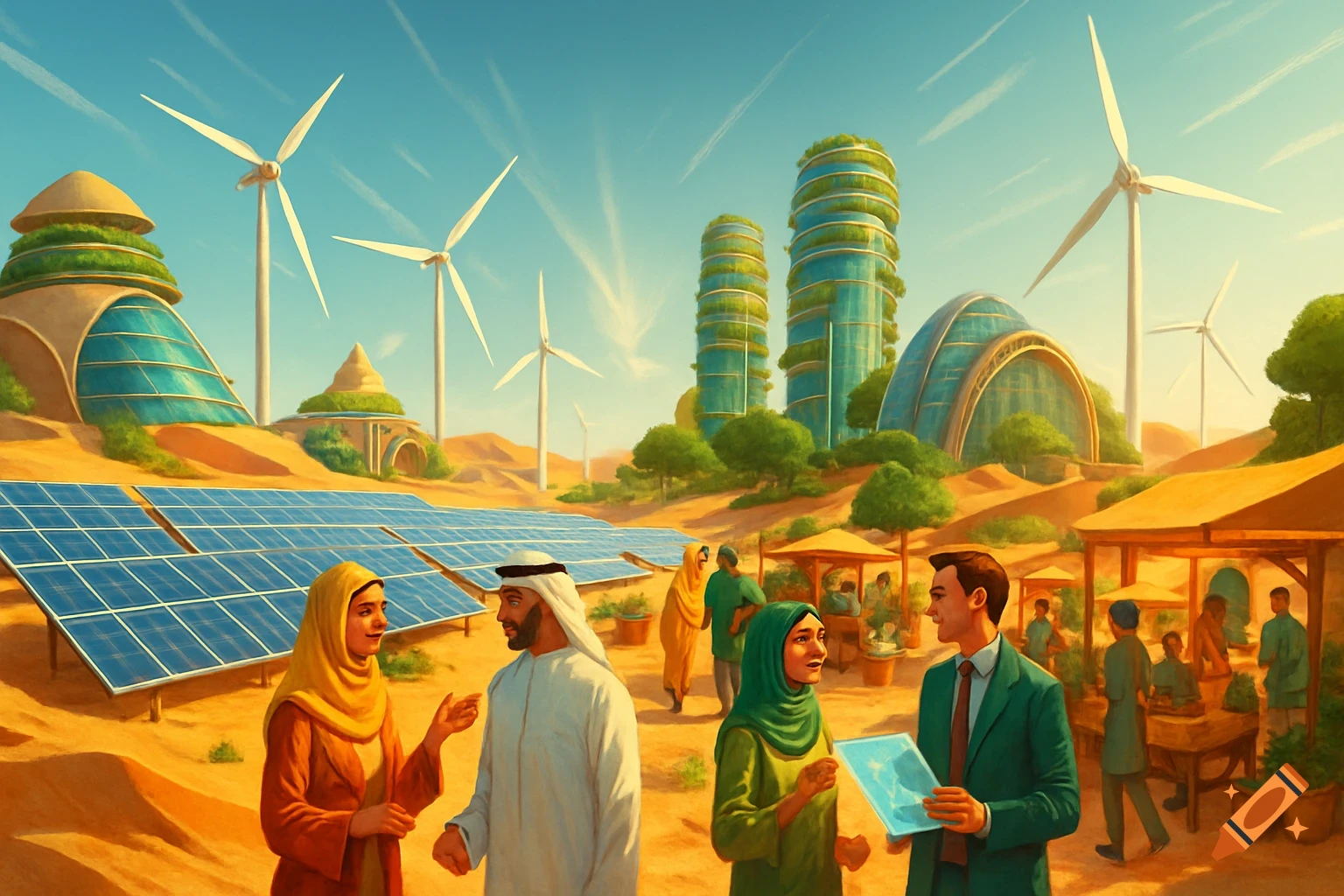 A futuristic desert scene with people, solar panels, wind turbines, and eco-friendly buildings under a clear blue sky.
