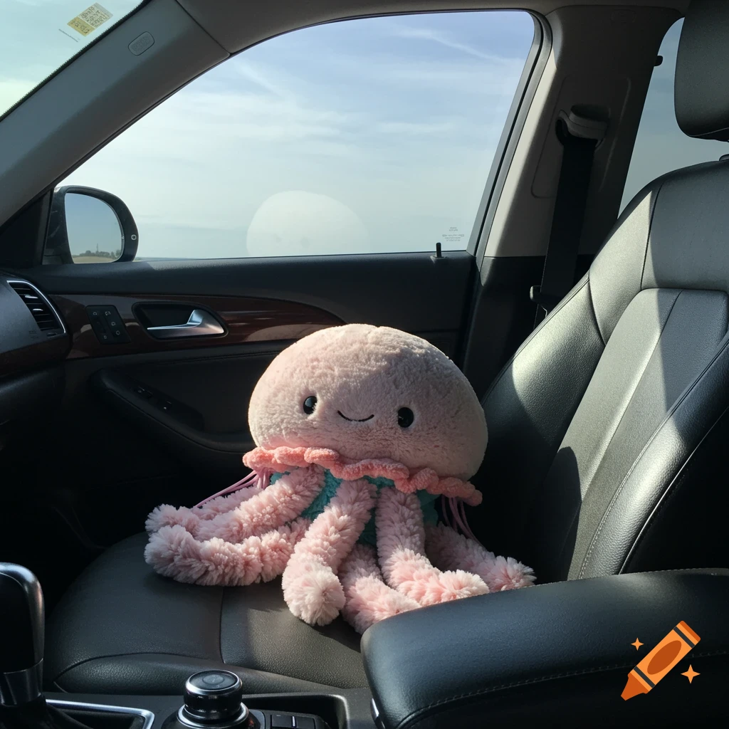 A pink plush jellyfish toy with a smiling face sits upright in the passenger seat of a car.