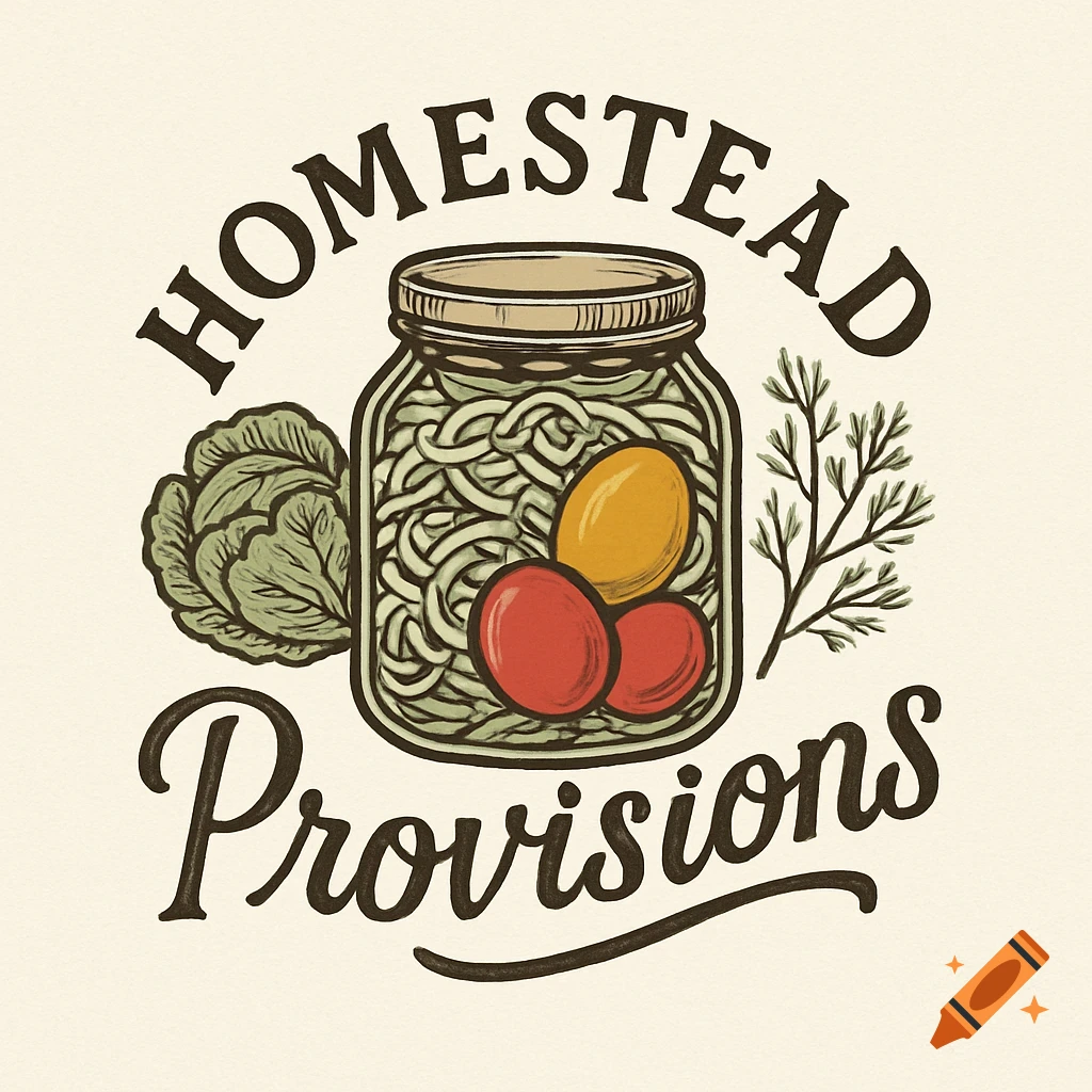 Rustic logo illustration of a canning jar with pickled goods, cabbage, dill, and the text 'HOMESTEAD Provisions'.