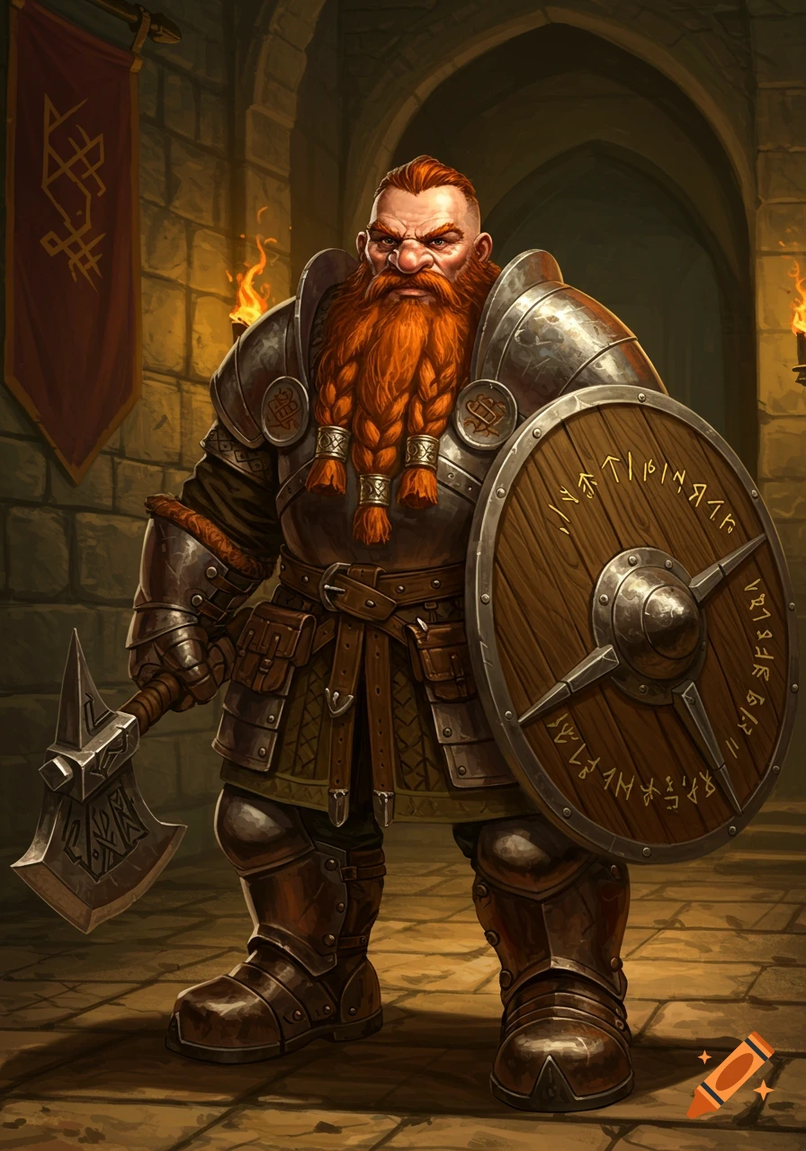 A heavily armored fantasy dwarf with a braided red beard, holding a war axe and a wooden shield with runes, stands in a stone dungeon.