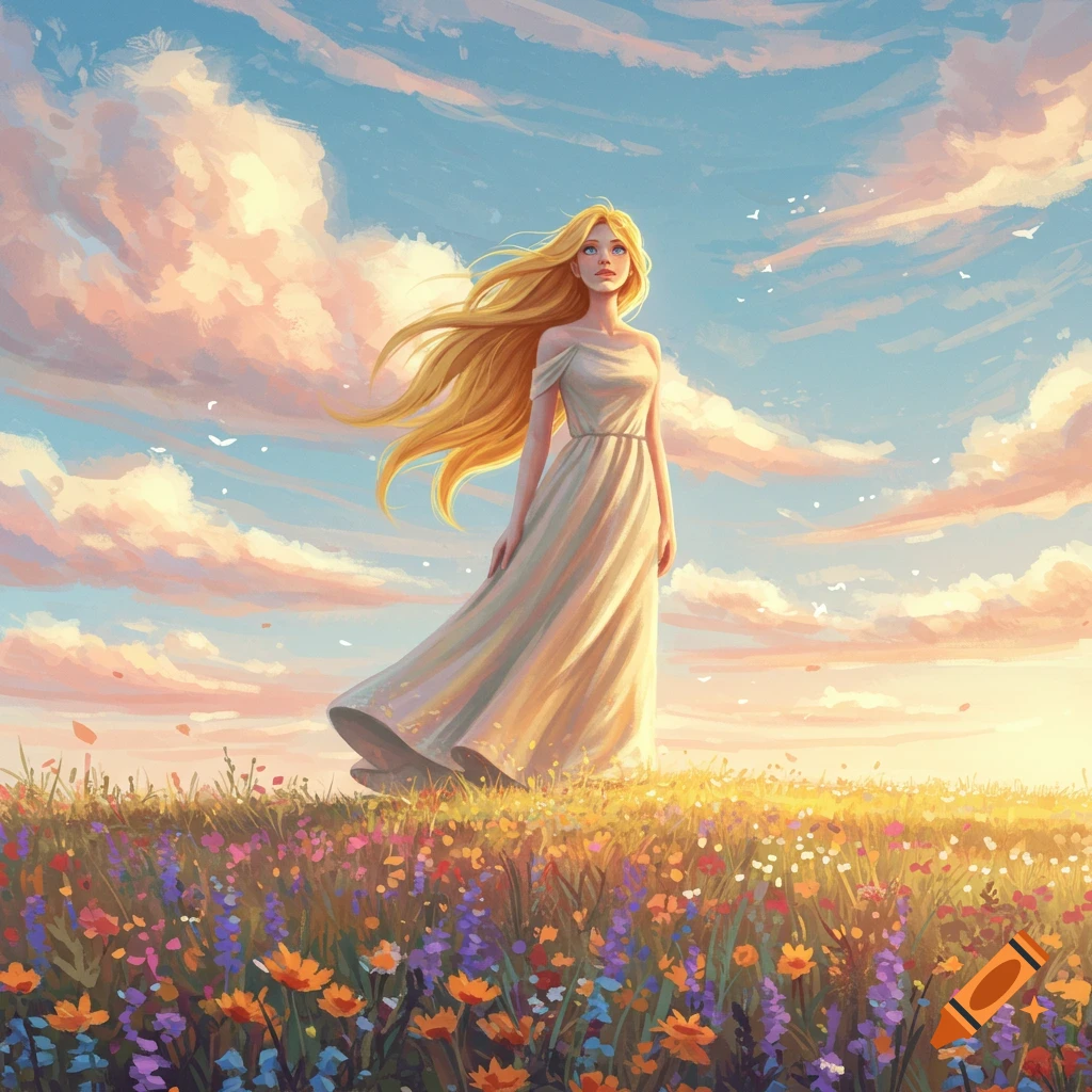 An illustration of a blonde woman in a flowing dress standing in a vibrant flower field under a cloudy sky.