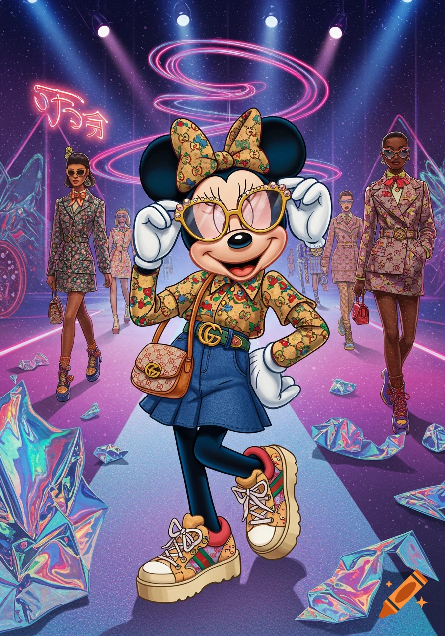 Minnie Mouse in a Gucci-themed 2000s outfit on a neon-lit fashion runway, surrounded by models in similar attire.