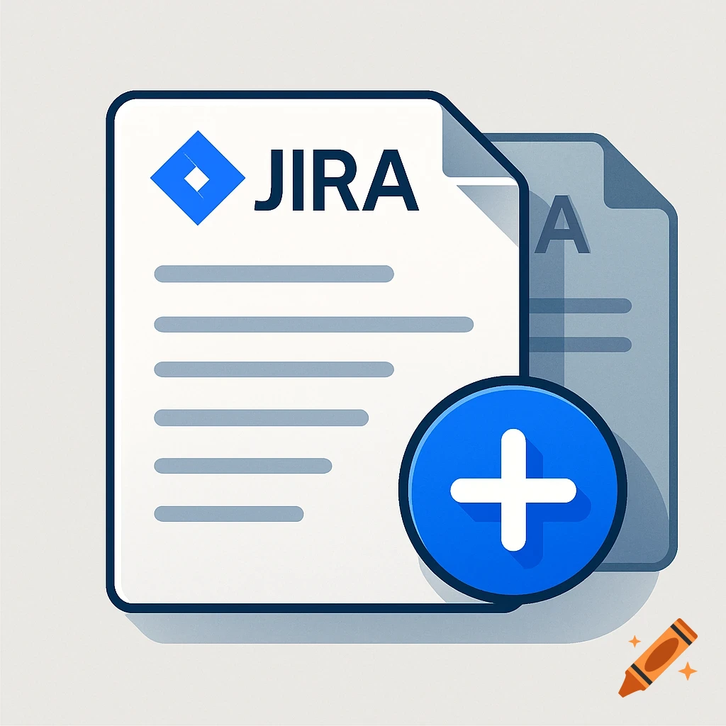 Vector icon of a white document with Jira logo and text, a faded duplicate, and a blue plus sign.